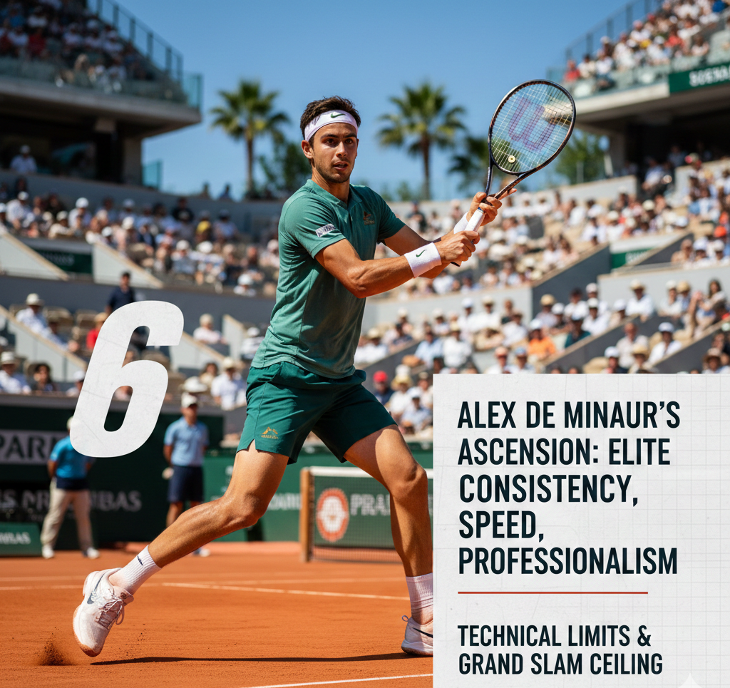 Alex de Minaur’s rise to world No. 6 reflects elite consistency, speed, and professionalism—while technical limits continue to shape his Grand Slam ceiling.
